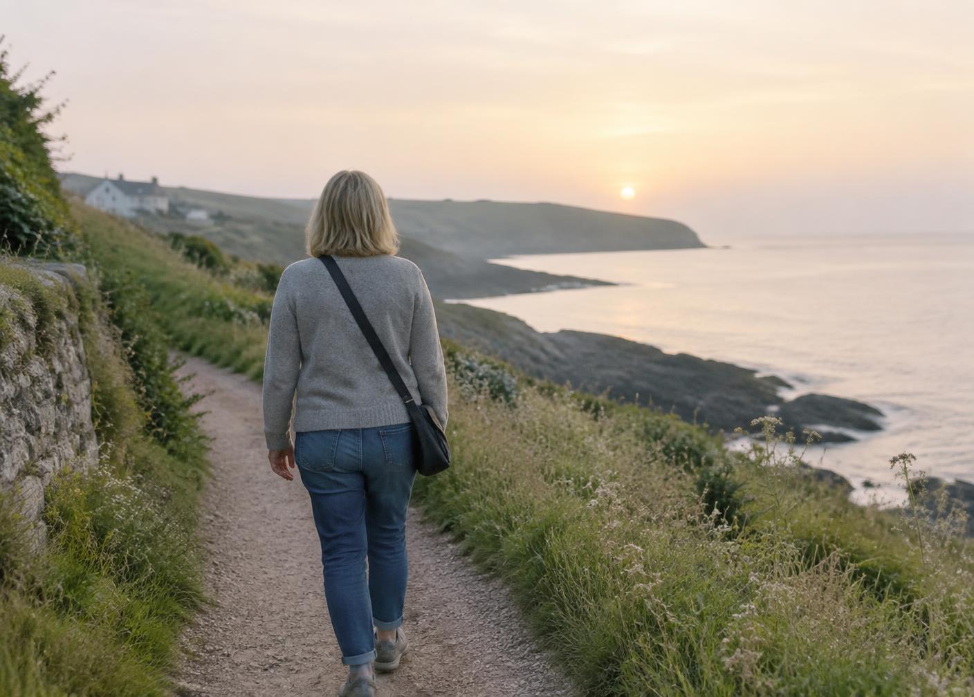 A woman walking gently along a coastal path in early morning light
