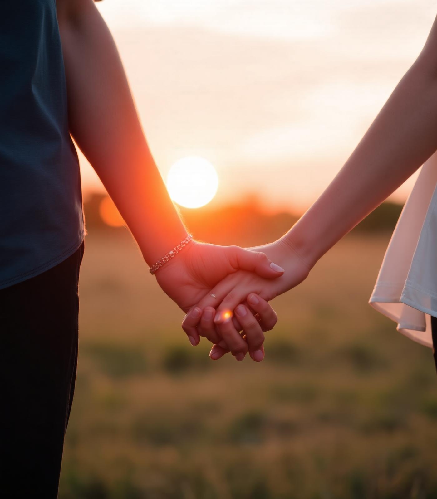 Two people holding hands in warm evening light
